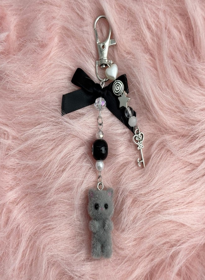 Thalireth Y2k Cute Bow Kitty Keychains Fuzzy Cat Bag Charms Kawaii Aesthetic Heart Key Pendant For Tote Bags Backpack Purse (Grey) - Image 5